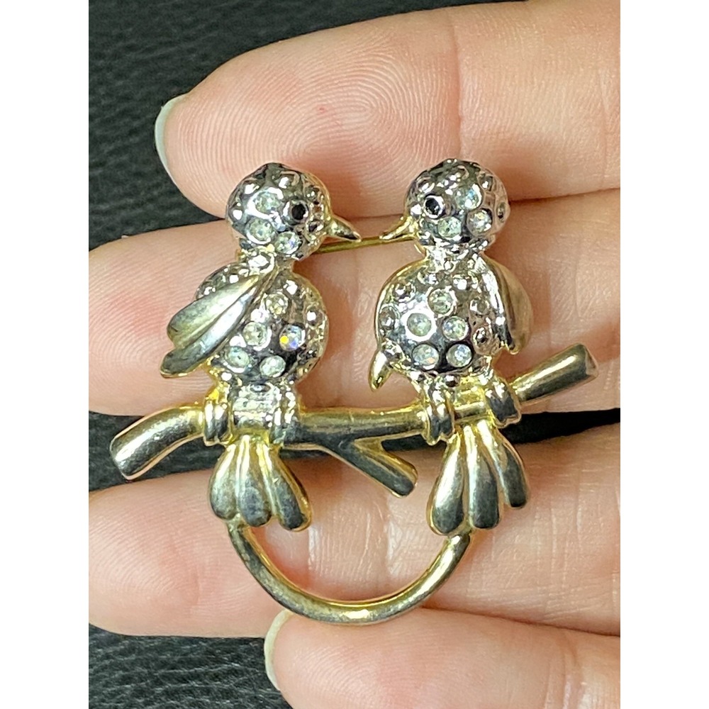 Couple Birds in Love AB Rhinestones Silver/Gold Tones Pin Brooch Scarf Holder